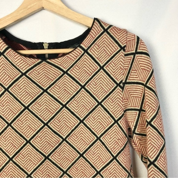 Zara Brown Geometric Printed Long Sleeve Mini Dress M - Picture 3 of 4